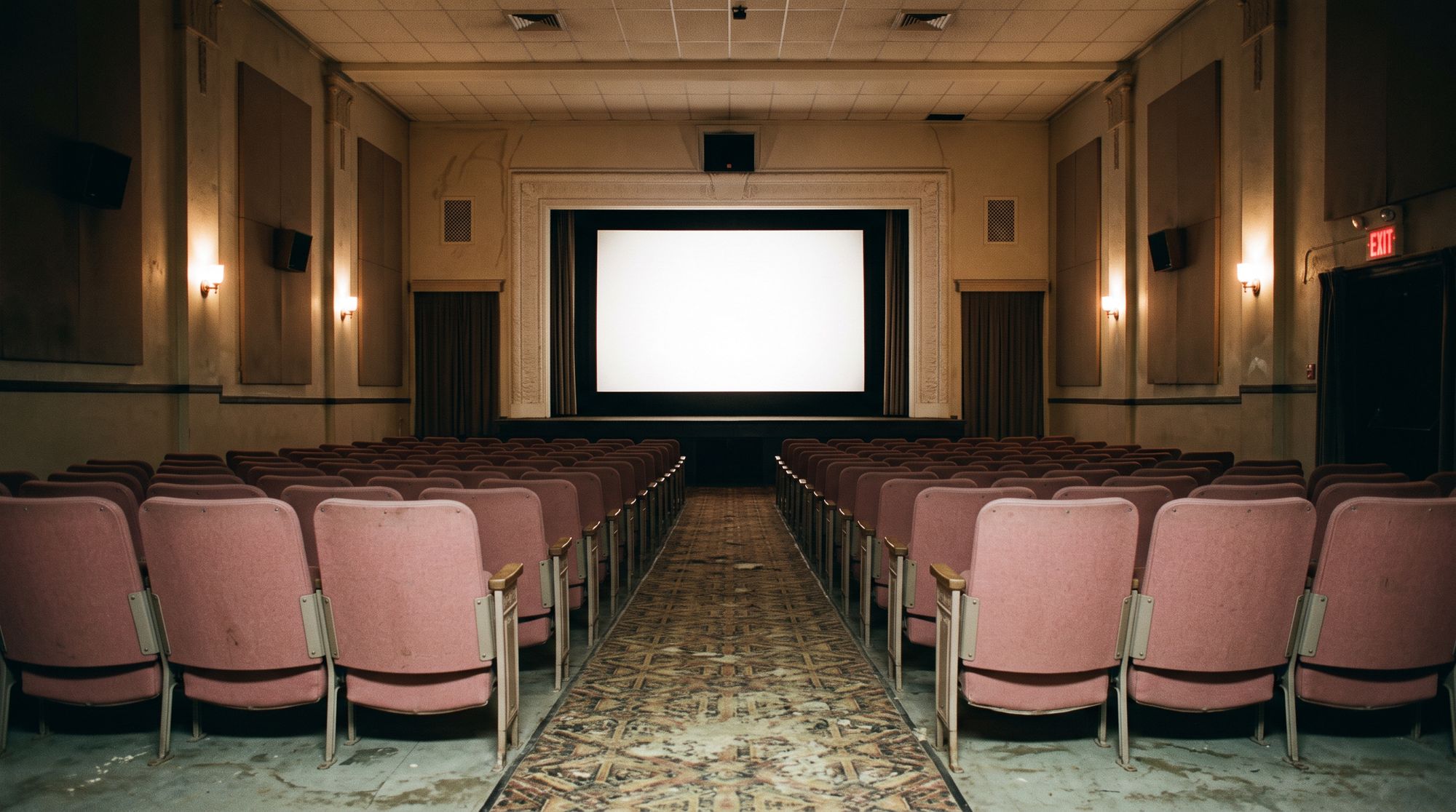 The Vandiver auditorium from the back of the room, house lights half up: rose upholstered seats in straight rows either side of a patterned centre aisle, a blank screen inside a plain plaster arch.